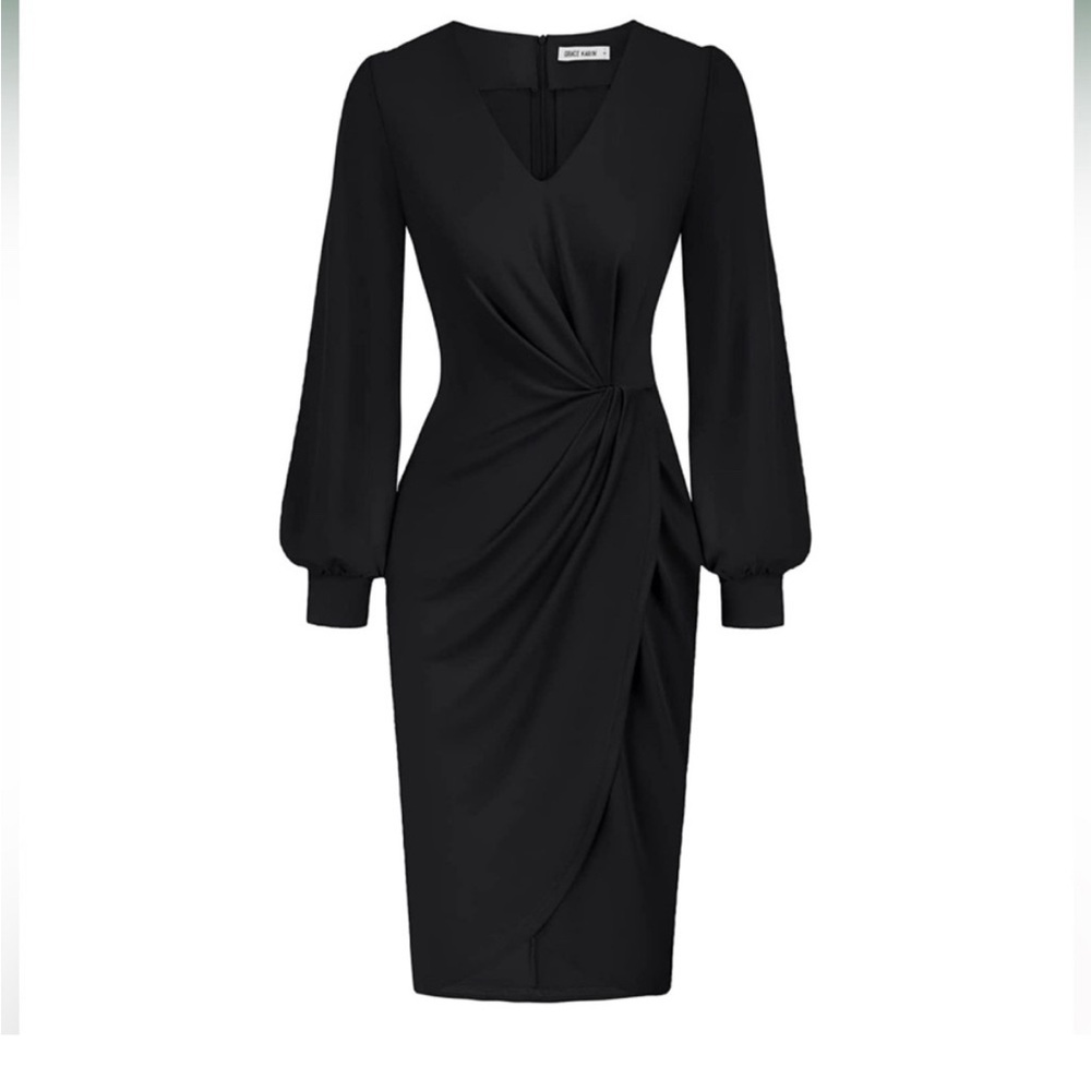 Long sleeve V neck Twist Front Split Stretchy Bodycon Dress Size L